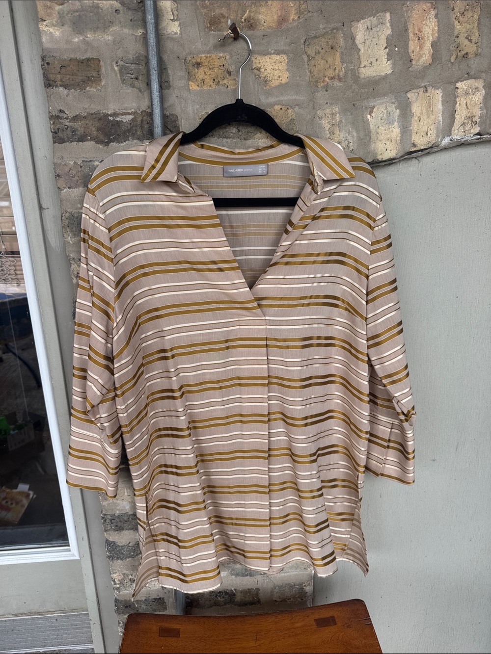 Striped V-Neck Button-Back Women’s Blouse - Beige and Mustard , elegant.
